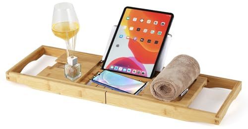 COSTWAY Bambu badkarstavlor, utdragbar badkarshylla med justerbar bokstativ, mugghållare, badkarshyllor för spa, läsning 70,5–105 x 22 x 4 cm
