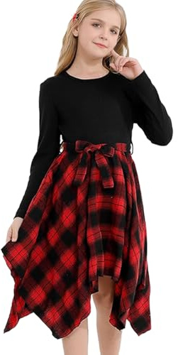 Trsenvrml Girls Christmas Dress Kids High Low Plaid Party Dresses Tween Xmas Casual Long Sleeve Dress Outfits 4-14Y (Red Plaid, 7-8 Years)