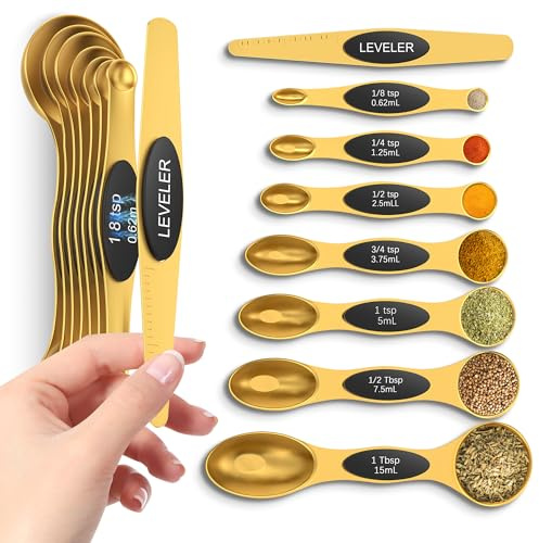 Magnetisches Messlöffel-Set mit starken N45-Magneten, robustes Edelstahl-Metall, passt in die meisten Gewürzgläser in der Küche zum Backen und Kochen, BPA-frei, mehrfarbig, 8 Stück mit Nivellierer