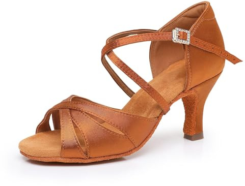 Rosefinch Scarpe da Ballo Latino per Donne Suola Morbida Strass Fibbia Salsa Tango Ballroom Professionale Scarpe da Ballo Pratica Tacco 7cm, Marrone 40EU