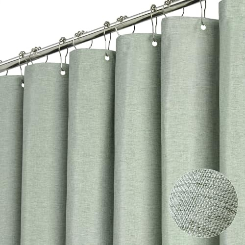 BTTN Linen Look Weighted Shower Curtain, Waterproof, 182x182cm, Sage Green | 12 Plastic Hooks, Laminated Waterproof Backing, Mould Proof Resistant, Weighted Fabric for Bathroom & Wet Room, Washable