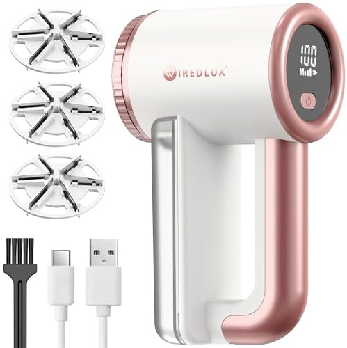Elektrisk luddborttagare WiredLux – laddningsbar tygrakapparat hårborttagare för kläder och möbler – justerbar 3-växlad, 6-bladsblad, USB-laddning, debobbler med dubbelt skydd (pärlrosa)