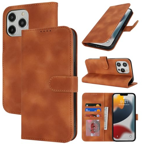 Zouzt Hülle für iPhone 13 Pro 6,1-Zoll, Stoßfestes PU Leder Handyhülle Lederhülle Klapphülle mit Kartenhalter und Standfunktion Flip Leather Wallet Phone Cover (Vintage Hellbraun)