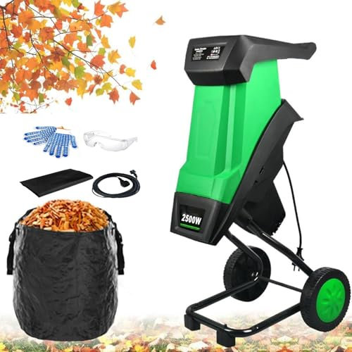 Electric Garden Shredder, 2500W Silent Leaf Mulcher Compost Leaf Branch Chipper, 4500rpm Wood Crusher with Wheels, Storage Bag, 50L Capacity 40cm Funnel Diameter, for Yard Cleanup 30cm-Power Cord
