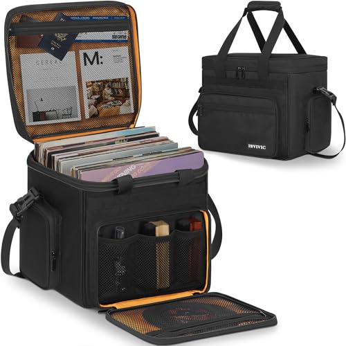 IBVIVIC Vinyl Record Carrying Bag, Travel Storage Case for Vinyl Albums Record Storage Organizer with 2 Detachable Divider (Large)
