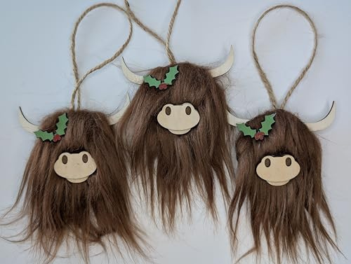 Highland Cow Christmas Decoration, Hairy cooo Scottish Tree Hanging, 12cm x 9cm, Set of 3 Home Accessories