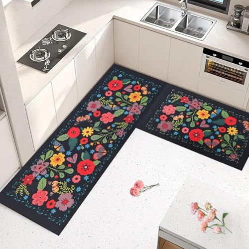 Fecialy Tapetes de cocina para piso, 2 unidades, alfombras de cocina antideslizantes, lavables, acolchadas, antifatiga, alfombras de cocina bohemias, modernas, rústicas, bohemias