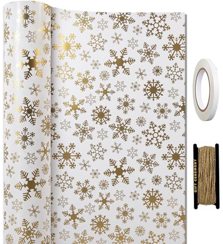 HaloCasa Geschenkpapier Weihnachten Set - 1 Rolle Metallic Weihnachtspapier in Weiß & Gold mit Schneeflocken-Motiv (43cm x 15m) mit Juteband & Klebeband - für Adventskalender & Geschenkverpackung