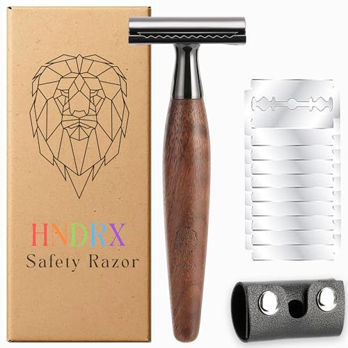 HNDRX® Rasierhobel Herren Safety Razor Damen Nassrasierer aus Walnussholz 30° Winkel inkl. 10 Japanische Rasierklingen & Leder-Klingenschutz (Walnut Havana)