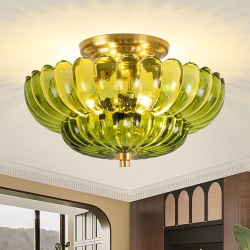 Vloitgol Deckenleuchte Vintage mit lampenschirm Grüne glas, E27 30cm, halbbündige Grüne Deckenlampe vintage blumen Glas für Schlafzimmer Flur Küche Esszimmer Wohnzimmer (Glühbirne nicht enthalten)