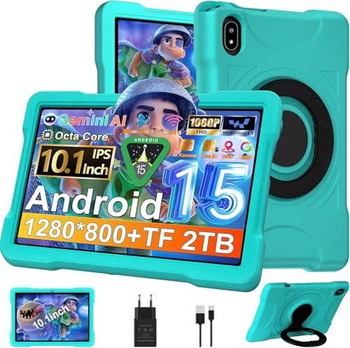 Tablet 10 Pollici Android 15 con 30 GB RAM+TF 2 TB, Octa-Core 2.0 GHz/GMS, Gemini AI/Widevine L1, WiFi 6/Bluetooth 5.0, 5MP+8MP, 1280*800, Tablet Touch con EVA Custodia Anti-Caduta+Supporto Rotante
