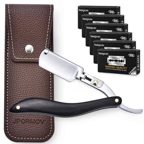 Professionelles Rasiermesser mit Wechselklingen für Bart & Konturen - Klassischer Straight Razor für Herren - Inklusive 30 Edelstahl-Doppelklingen & Etui in Leder-Optik (Silber)