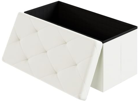 DUMOS 30 Inches Folding Ottoman with Storage Bench, Foot Rest Stool, End of Bed Storage Bench Upholstered, Load 660 lbs, for Living Room, Lychee Grain Leather, Beige