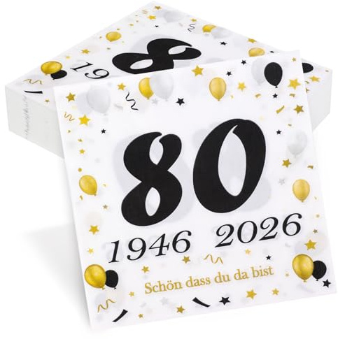 50 Stück Servietten 80. Geburtstag, Seutgjie 80 Geburtstag Deko 1946-2026 Jubiläum Tischdeko Schwarz Gold Party Gedeckter Tisch