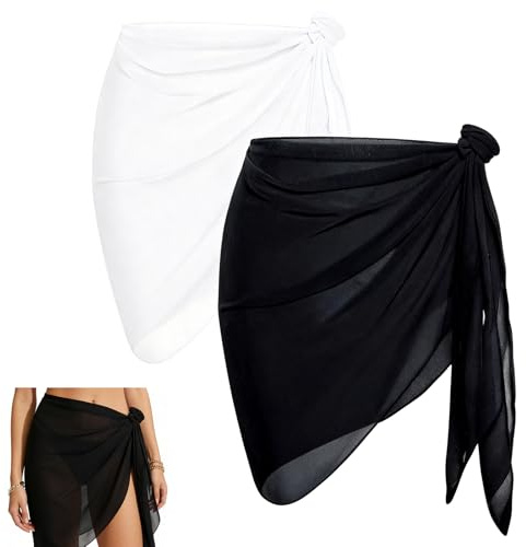 2 Piezas 50x180cm Pareo Playa Mujer, Negro Y Blanco Chal De Gasa, Falda Pareo Mujer, Falda De Playa, Corto Bikini Cubierta, Vestido Envolvente para Piscina, Vacaciones