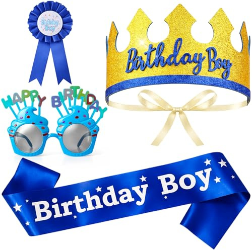 GSrenyu 4 Pcs Blue Birthday Decoration Set with Sash Tiara Badge