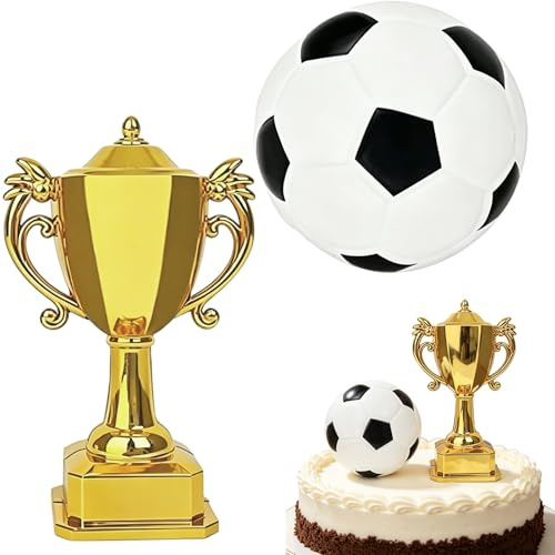 2 PCS Football Cake Topper, Football Cake Decorations for Boys Birthday Parties, Sports Theme Celebration Supplies, Two Piece Set with Soccer Ball and Trophy