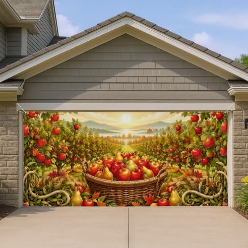 Copertura per porta del garage con mele, cesto di pere autunnali autunnali, rosso, decorazione per la casa, per cortile, patio, esterno, interno, feste, sfondo, 400 x 180 cm