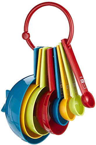 KitchenCraft Let's Make Measuring Cups and Spoons Set with Built in Cookie Cutters, Plastic, Multi Colour, 8 Pieces