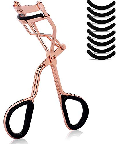 KLIHN – Rizador de pestañas color oro rosa con 8 recambios de goma, moldeador para rizar con unas pestañas perfectas, eyelash curler