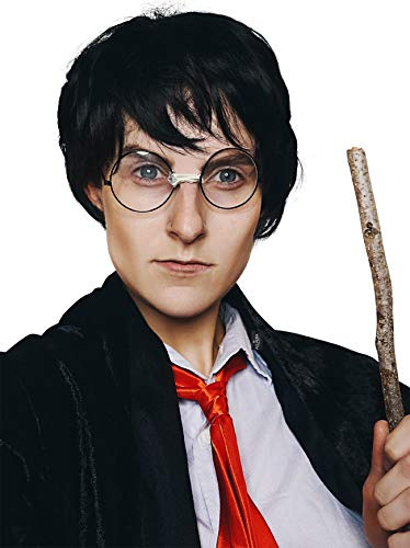 ALLAURA Black Wizard Wig – Short Black Boy Wizard Wig & Glasses Set for Kids & Adults – Magical School Costume Accessory for Halloween, Cosplay, Book Week, Fantasy Party Outfits