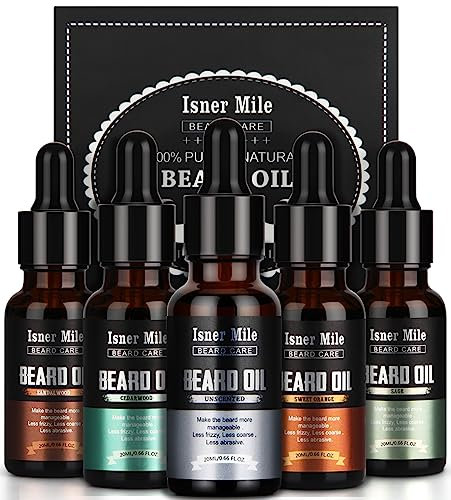 ISNER MILE Beard Oil 5 Pack Set, Natural, Cedarwood, Sandalwood, Sage, Sweet Orange for Men Beard Care, Moisturize, Soften, Strengthen, Christmas Gifts for Men Him Dad Father Boyfriend