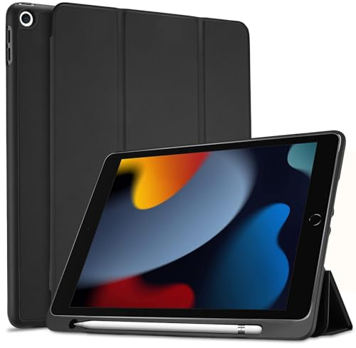 ProCase Klapp Hülle mit Stifthalter für iPad 10.2 Zoll 9th 2021/ 8th 2020/ 7th 2019, Dünn Leicht Schutzhülle Ständer mit Flexibler Weicher TPU-Rücken -Schwarz