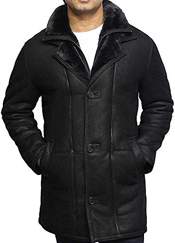 BRANDSLOCK Herren Schaffell Lammfell Leder Warm Duffle Trench Coat
