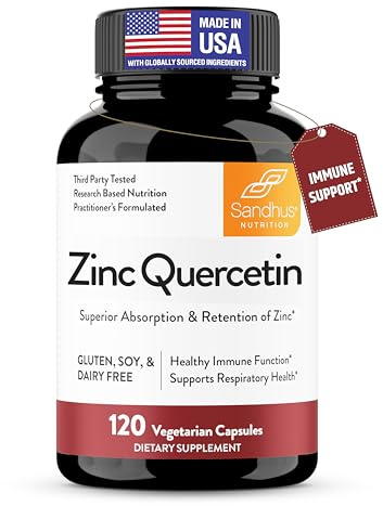 Sandhu's Zinc Quercetin 120 Vegetarian Capsules (Pack of 1) | High Absorption Zink Supplements for Immunity and Seasonal Allergy | Antioxidant Immune Support for Men and Women | Easy to Swallow