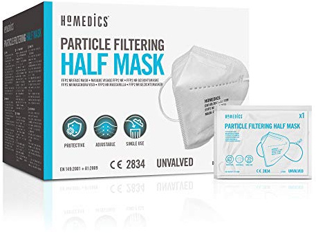 Homedics FFP2 Mascarillas con certificado CE, 20 unidades, 3 capas de protección, Capa exterior con filtración antibacteriana, KN95, Protege del polvo, Ajustable para comodidad personalizada