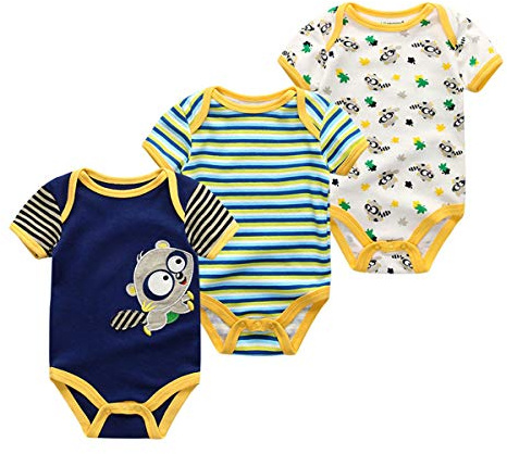 Kiddiezoom Baby pojkar 3-pack kortärmad bodysuit ekologiska onesies, 3-pack räv, randig / tryck, 6-9 månader