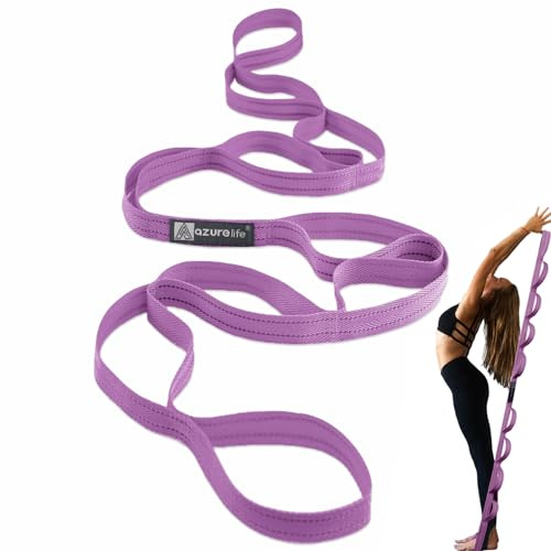 A AZURELIFE Hochwertiges, strapazierfähiges Baumwoll-Stretchband mit 10 oder 12 Schlaufen, nicht elastischer Yoga-Gurt zum Dehnen, Multi-Loop-Fitness-Stretchband für Physiotherapie, Yoga, Pilates und