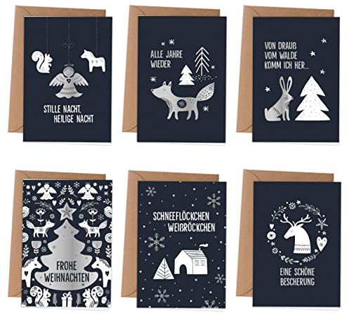 Papierdrachen Weihnachtskarten | 6 weihnachtliche Grußkarten als Klappkarte inkl Umschlag zur Adventszeit - Stilvolles Design zur Weihnachtszeit - Motiv Tiere - Christmas
