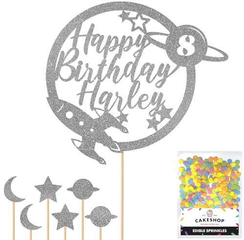 Personalised Space Rocket Planet Glitter Cake Topper Dk Silver Any Custom Age & Name Glitter Cake Decoration and Sprinkles - Happy Birthday Decorations - Personalised Toppers for Cakes by Cakeshop