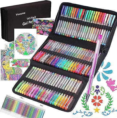 Juego de 145 bolígrafos de gel con purpurina, 72 colores únicos y 72 recambios con 1 libro para colorear para niños, adultos, dibujo, garabatos, manualidades, álbumes de recortes