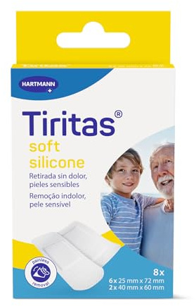 TIRITAS Soft Silicone: Apósitos de color blanco con adhesivo siliconado; Indicadas para las pieles más sensibles y frágiles, Retirada indolora; 2 tamaños 8 unidades