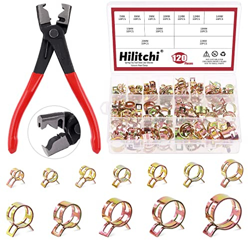 Hilitchi 121Pcs Spring Band Type Clips Assortment Kit with 7-22mm 12 Sizes Spring Hose Clamp and A Hose Clip Pliers Fuel Silicone Vacuum Hose Pipe Clamp Low Pressure Air Tube Clamps Fastener