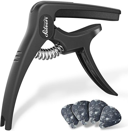 Salvori - Exklusiver Obsidian Black 'Dark Knight' Heavy Duty Gitarrenkapodaster für Akustik-/E-Gitarre mit 4 Plektren, Gitarrenclip/Gitarrenklemme für Konzertgitarre, Ukulele, Mandoline und Banjo