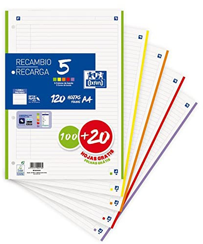 Oxford, A4 liniert, gelocht, Lineatur-Nachfüller, 1-zeilig, 120 Blatt, 4 Löcher, 5 bunte Streifen