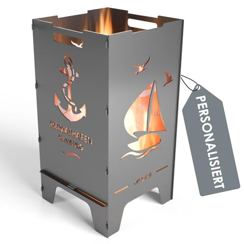 MOCAVI Feuertonne Heimathafen 73 cm | 3 mm Stahl personalisiert Feuerkorb Feuerschale sicher massiv robust Design-Feuerfass für Garten und Terrasse groß eckig Feuerstelle Outdoor hitzefest außen