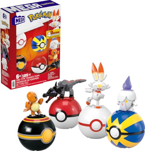 MEGA Pokémon Feuer-Typ Trainerteam - 4 bewegliche Pokémon mit Pokébällen, inklusive Lichtel, Glumanda, Hopplo und Molunk, für Kinder ab 6 Jahren, HTJ06