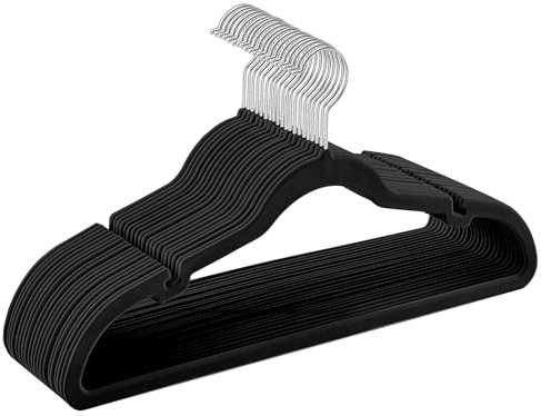 SONGMICS Velvet Hangers, Pack 20 Coat Hangers for Clothes, Non-Slip, with Shoulder Notches, Trouser Bar, 360° Swivel Hook, Space-Saving, 0.6 cm Thick, 43 cm Long, Ink Black CRF029B02