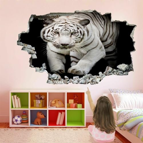 Wandtattoo Aufkleber Wandbild Weißer Tiger Mauerloch 3D Durchbruch Effekt Wandsticker Schwarzer Hintergrund Wandaufkleber Abnehmbare Wanddeko fürs Wohnzimmer Schlafzimmer Bad Kinderzimmer Tapeten Deko