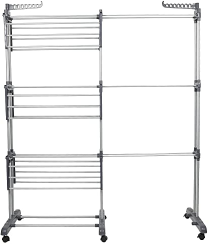 XUANYU Tendedero de Ropa Vertical 4 Niveles Tendedero Secador de Ropa Portatil Estendal Casa Vertical con Alas Plegables y Ruedas para Exterior y Interior, Gris H, (72-142,5)×64×170 cm