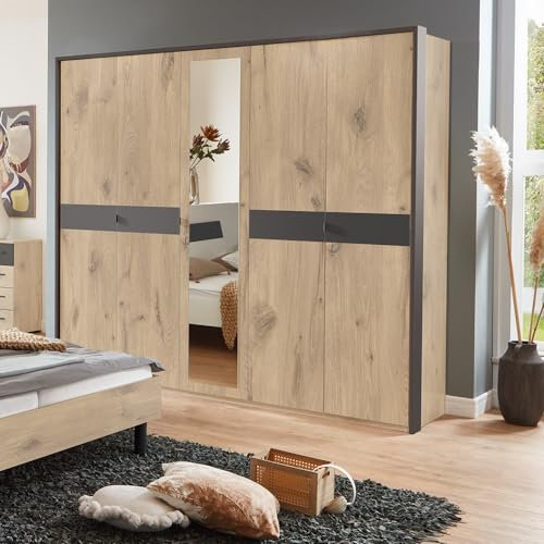 Lomadox Kleiderschrank Drehtürenschrank mit Spiegel, 228 cm breit, 5-türig mit Passepartoutrahmen in Eiche mit Graphit