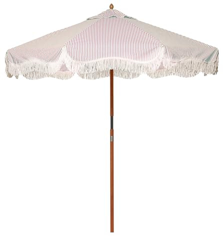Business & Pleasure Co. Market Umbrella ~ 7' White Boho Fringe Outdoor Patio Umbrella, UPF 50+, 1.5 Wood Pole, 7’W x 8.5’H, Lauren's Pink Stripe