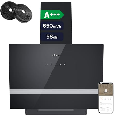 CIARRA A+++ AWB6736H Kopffreie Schräghaube Umluft Dunstabzugshaube 60 cm 650 m³/h App Touch-Bedienung Booster mit CBCF003 Aktivkohlefilter Schwarz