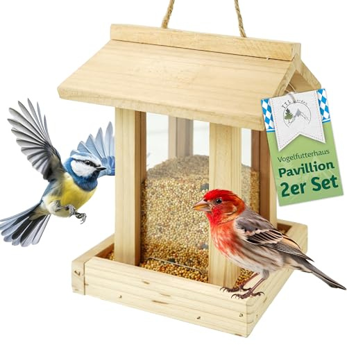 TTL Garden - Lot de 2 mangeoires pour oiseaux - En bois de sapin naturel - Avec cordon de suspension - 20 x 15 x 15 cm - En bois de sapin naturel - Station d'alimentation pour oiseaux - Résistantes