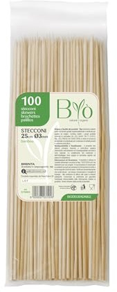 MONOUSALO 100 Grillspieße aus Holz, geeignet für den Kontakt mit Lebensmitteln – lange Spieße für Bars, Restaurants, professionelle Küchen, Heimgebrauch, Fingerfood, Grill (25 cm)