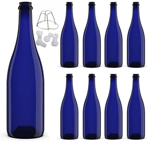 BOTTIGLIA EMILIANA PER VINO E SPUMANTE PROSECCO 750 ML CON PREDISPOSIZIONE TAPPO SUGHERO COLORE BLU + Tappi alettati e gabbiette - BOTTIGLIA VUOTA PER VINI PREGIATI - TAPPI CORONA SUGHERO E PLASTICA